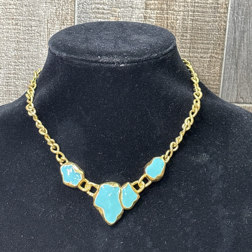 Vintage 1980s Trifari Turquoise Blue Enamel Gold Tone Statement Necklace